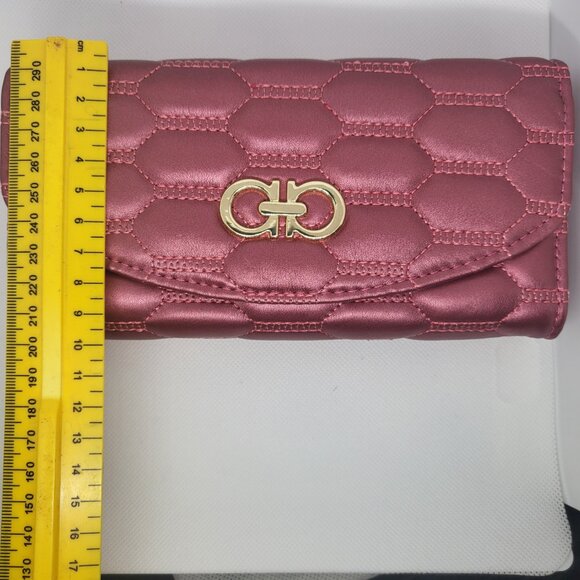 Women's Wallet Faux Leather Long Card Holder Pockets Quilted Look Rose Pink Gold - Picture 8 of 9